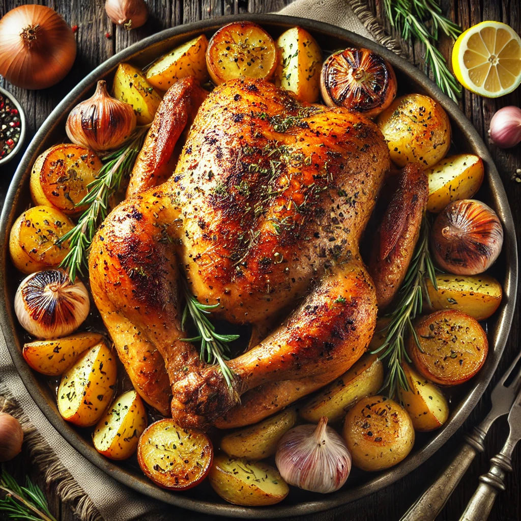 Roast Chicken with Potatoes, Onions, and Shallots