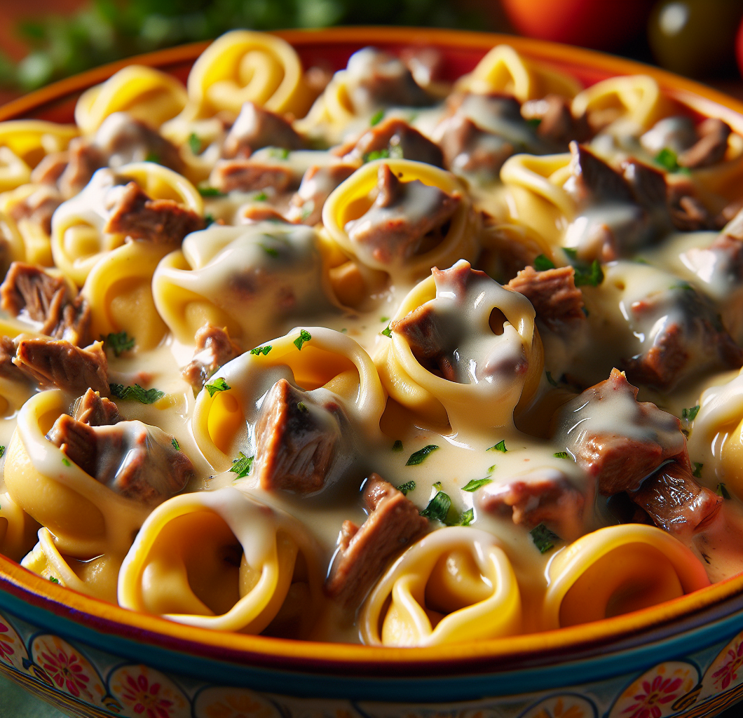 Cheesesteak Tortellini in Provolone Sauce