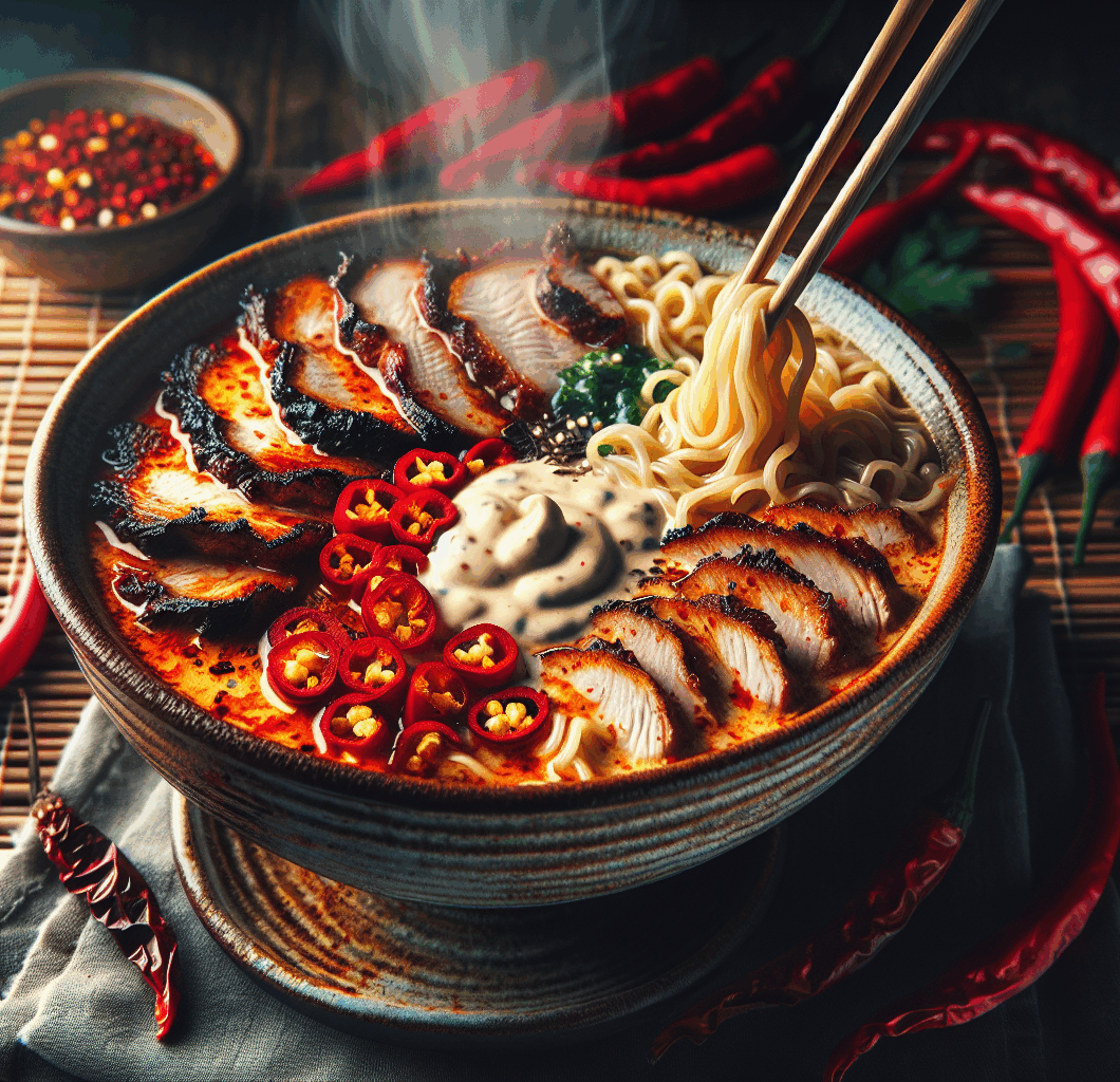 Fiery Chicken Ramen with Creamy Garlic Sauce
