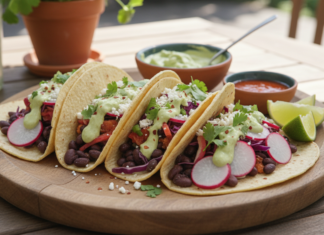 Radish and Black Bean Tacos with Avocado Crema