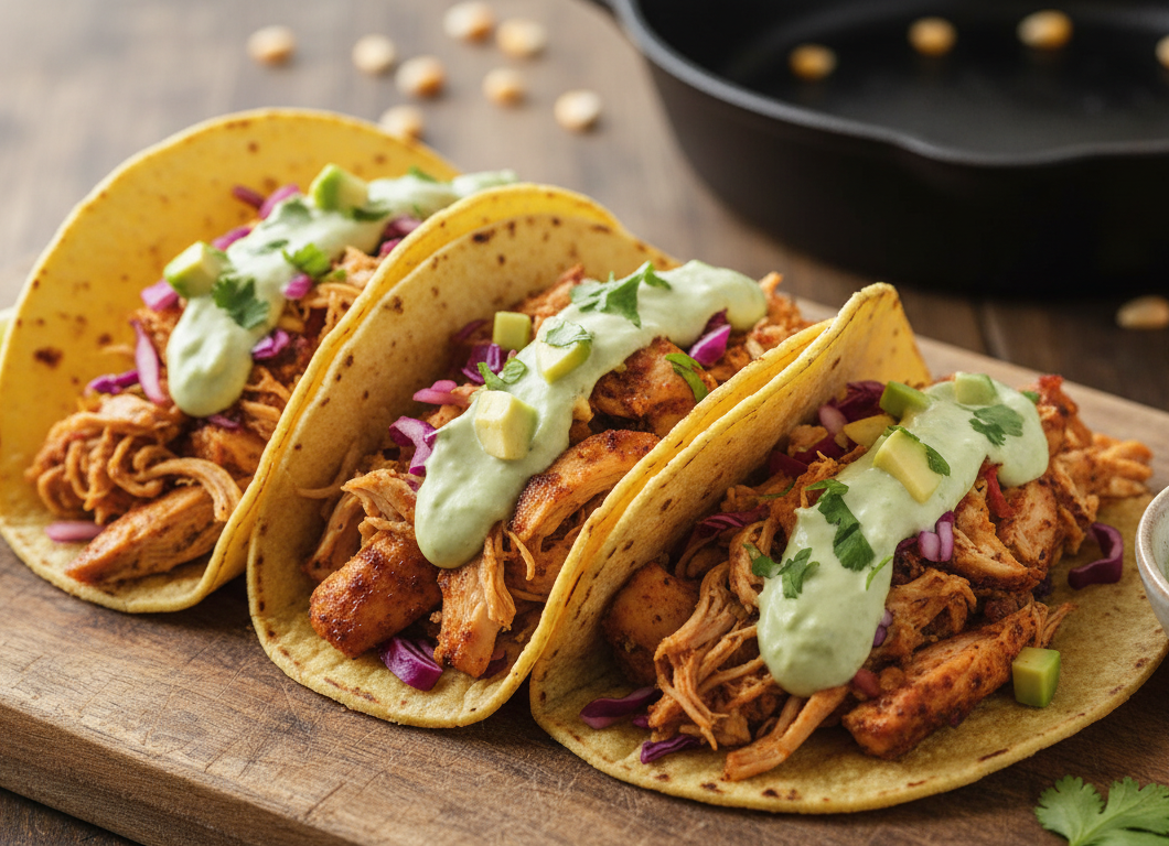 Shredded Chicken Tacos with Avocado Sour Cream