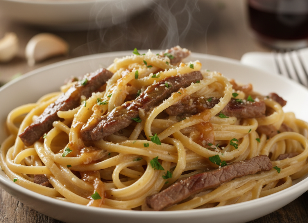 Creamy Parmesan Beef Linguine with Garlic Butter Sauce