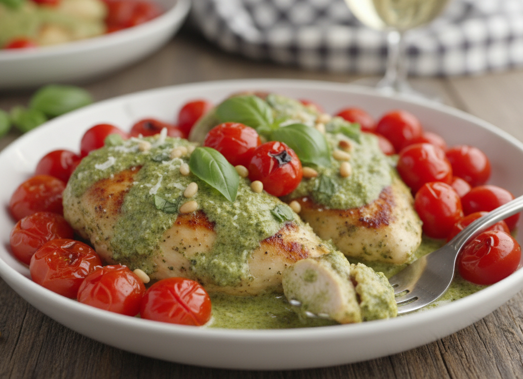 Creamy Pesto Chicken with Roasted Tomatoes