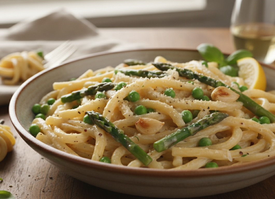 Garlic Cream Bucatini with Peas and Asparagus