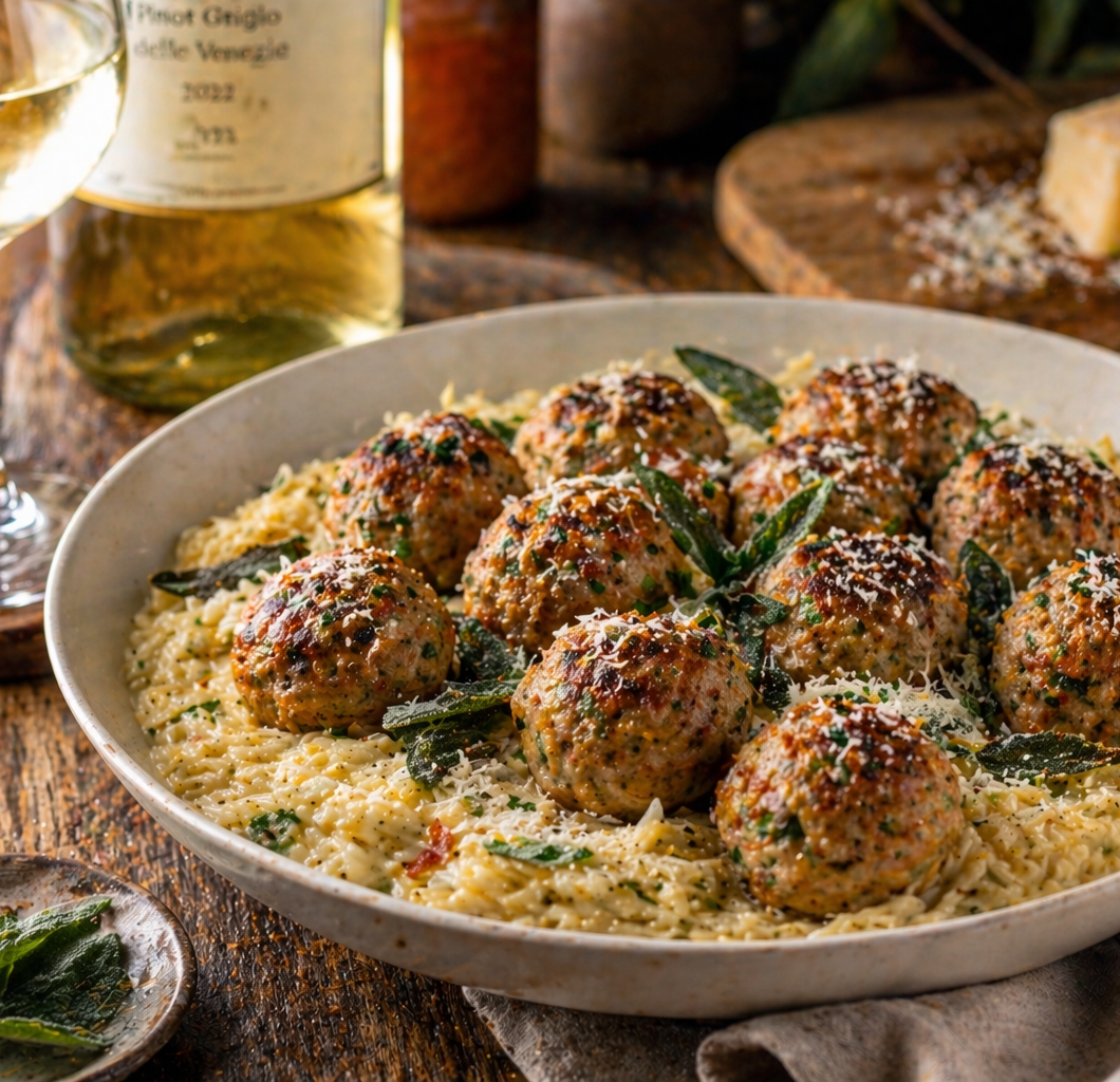 Baked Sage Chicken Meatballs with Parmesan Orzo