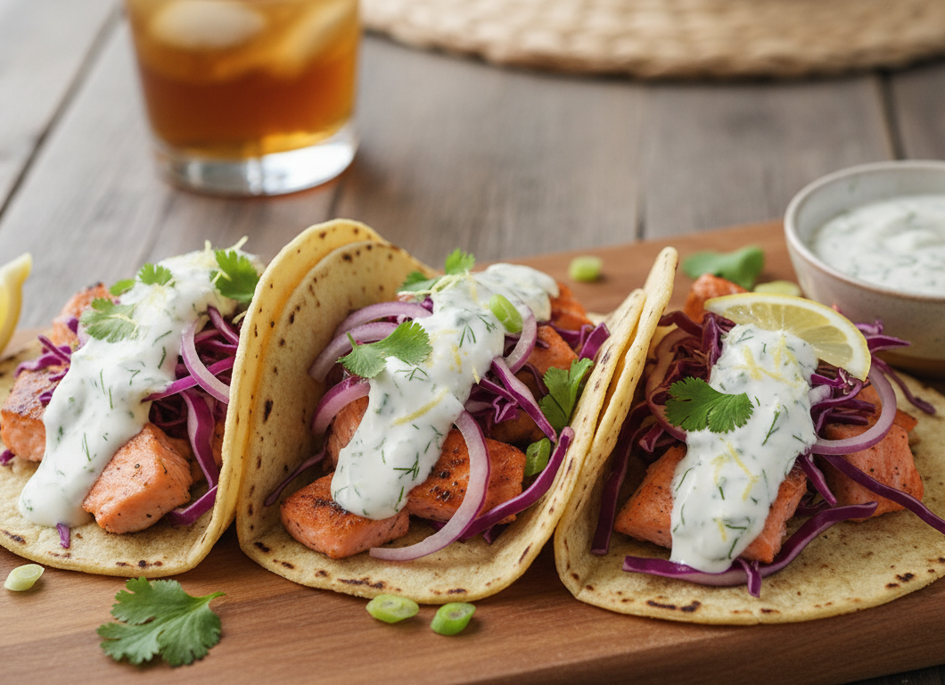 Salmon Tacos with Greek Yogurt Sauce