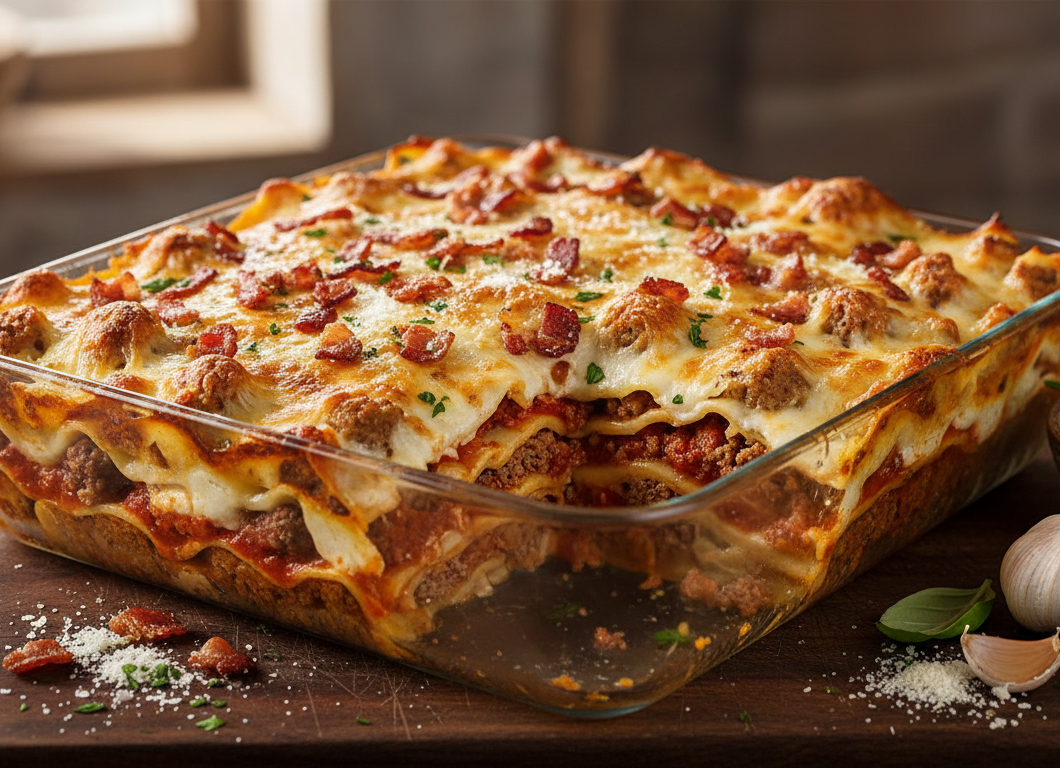 Parmesan Garlic Bacon Cheeseburger Lasagna