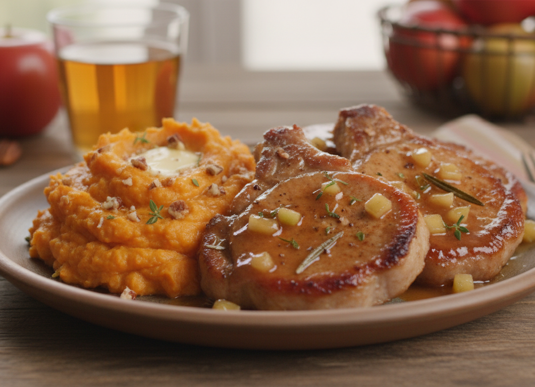 Apple Cider Pork with Mash Sweet Potatoes