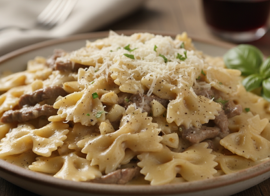 Creamy Parmesan Garlic Beef Bowtie Pasta