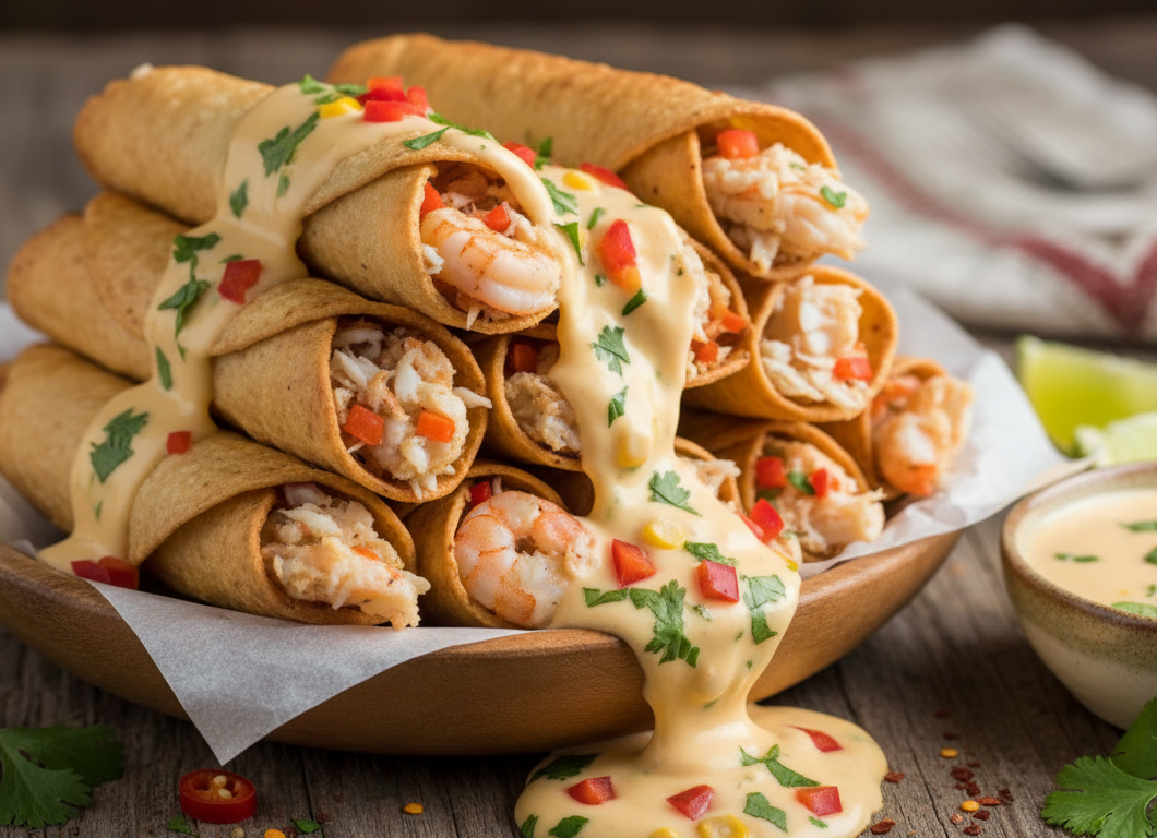 Crispy Crab and Shrimp Queso Taquitos