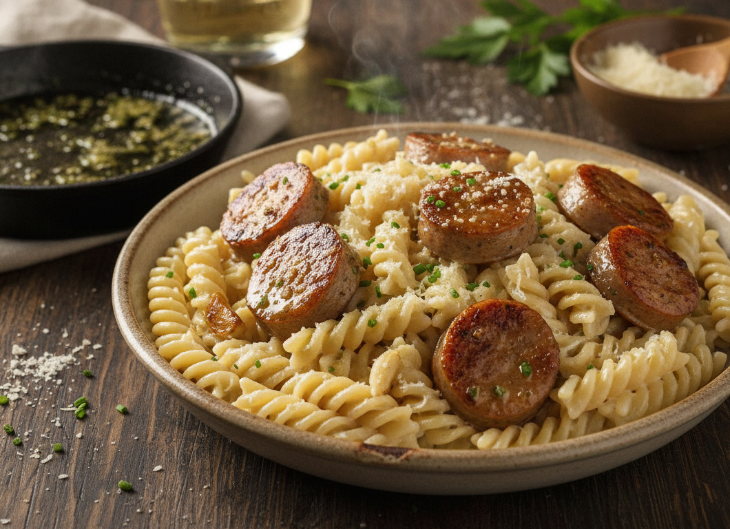 Garlic Butter Sausage Bites with Cream Parmesan Pasta