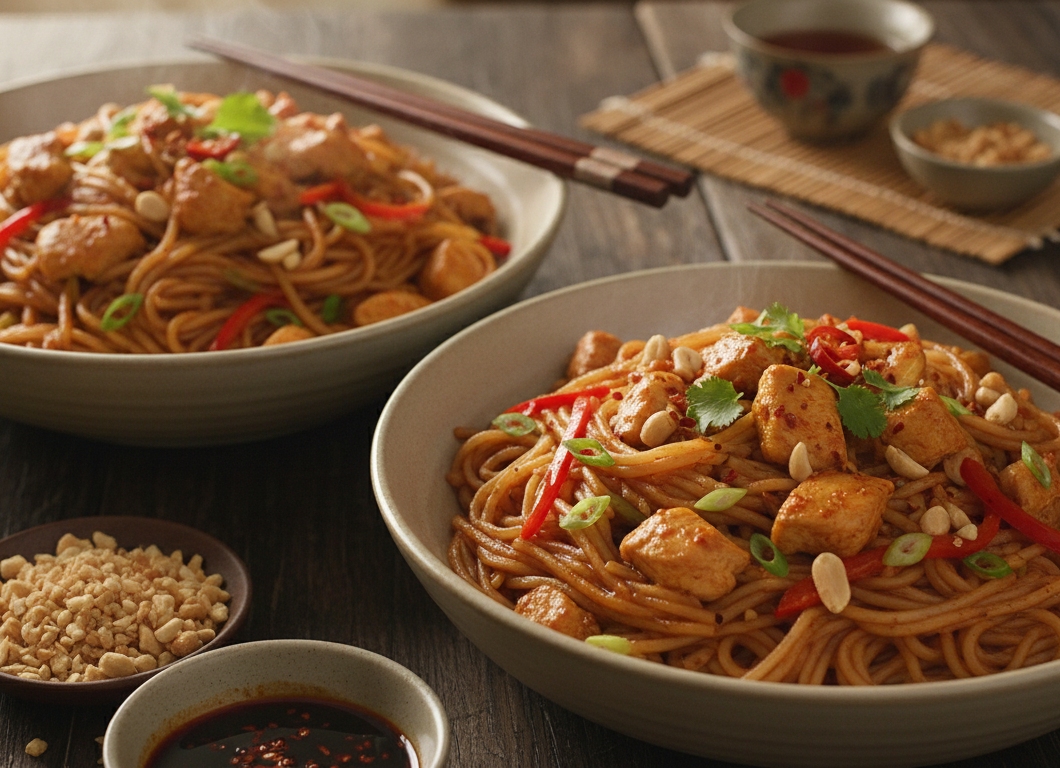 Szechuan Peanut Chicken & Rice Noodle Bowls