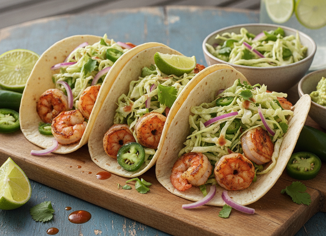 Shrimp Tacos with Jalapeño Lime Slaw