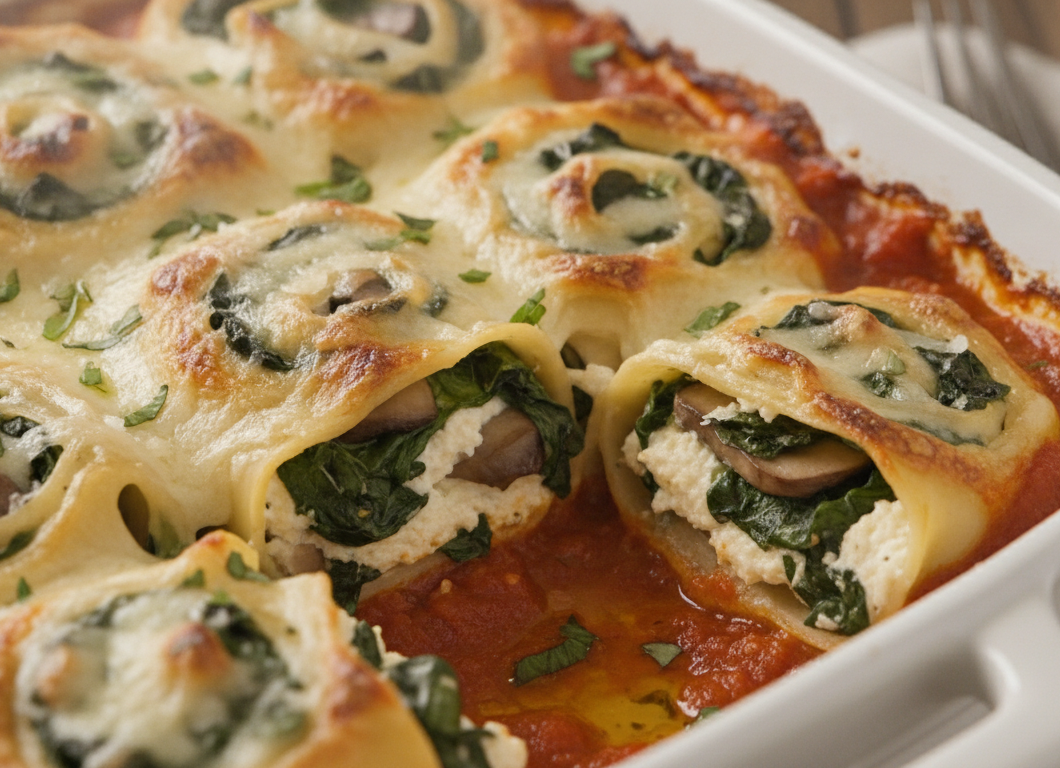 Mushroom and Spinach Lasagna Rolls