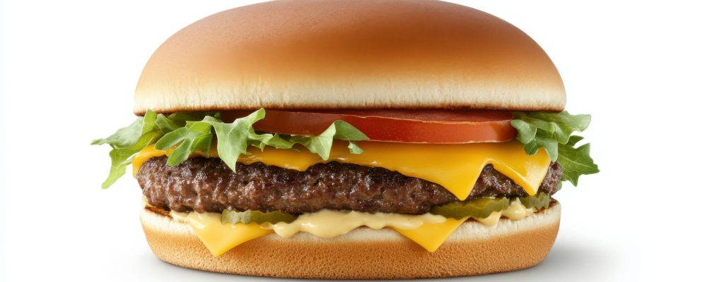 A classic cheeseburger featuring a juicy beef patty, melted cheese, fresh lettuce, tomato, and pickles in a soft bun.