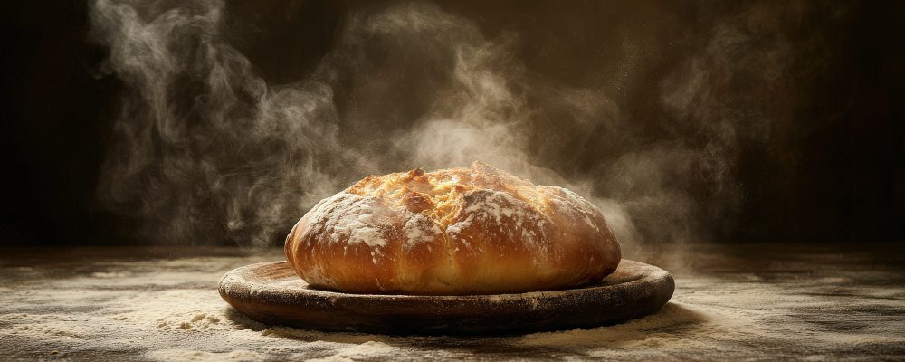 A steaming, freshly baked sourdough bread resting on a rustic farmhouse table, with flour scattered across the countertop, capturing the essence of homemade bakery items for menu-style food photography.