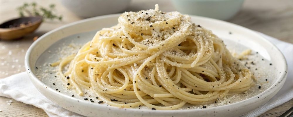 A simple yet elegant plate of Spaghetti Cacio e Pepe, featuring al dente pasta coated in Pecorino Romano cheese and cracked black pepper, served on a white plate in soft, natural lighting.