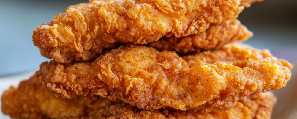 A Crispy fried chicken tenders stacked on brown paper, showcasing golden texture