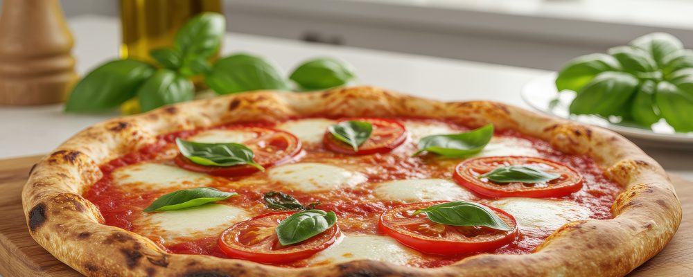 A rustic Margherita pizza with a crispy, charred crust, topped with fresh basil leaves, mozzarella cheese, and tomato slices. The pizza sits on a wooden cutting board in a bright, airy kitchen setting with fresh ingredients and olive oil in the background. The angled perspective highlights the textures and ingredients, making it look fresh and appetizing.