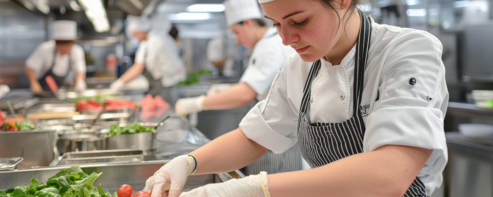 Witness the dynamic chaos of a line cook expertly preparing fresh ingredients in a bustling restaurant kitchen.