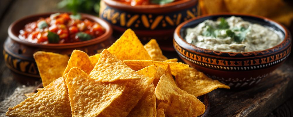 A close-up shot of a flavorful spread, featuring crispy tortilla chips and vibrant salsa dips