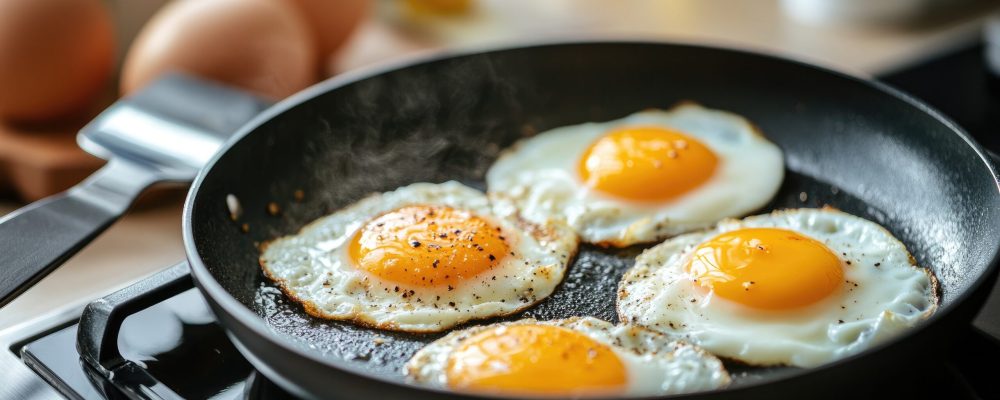 Close-up of sunny-side up eggs frying in a black pan, with spatula resting nearby and stovetop in the background