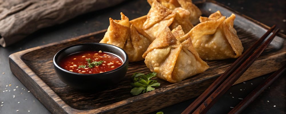 Delicious crab rangoons with dipping sauce on a wooden tray with chopsticks for a tasty appetizer