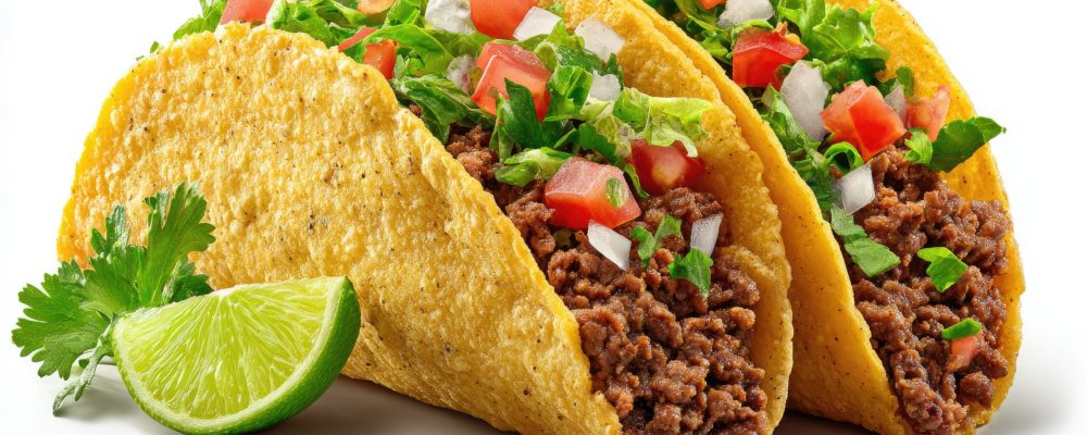 Two crispy tacos piled high with seasoned ground beef, topped with fresh lettuce, diced tomatoes, and red onion. A bright lime wedge sits beside them