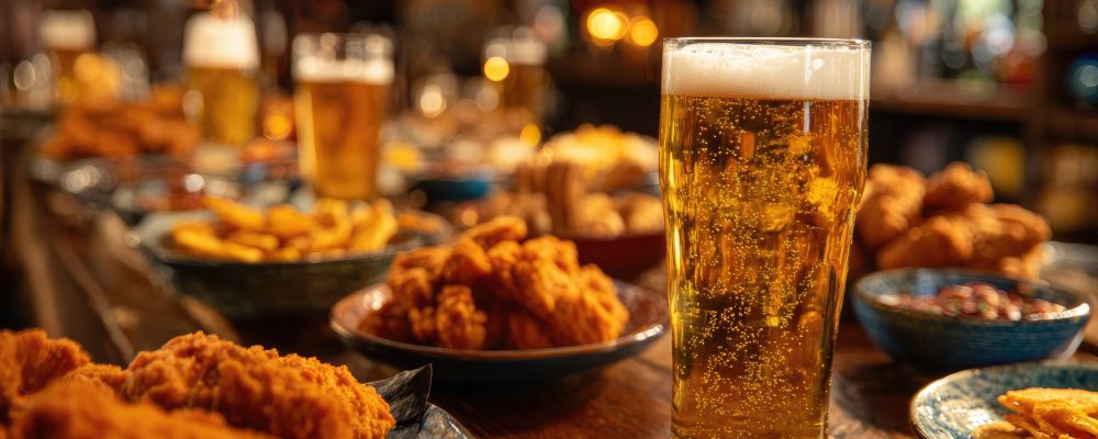 Fried food and beer on a bar top