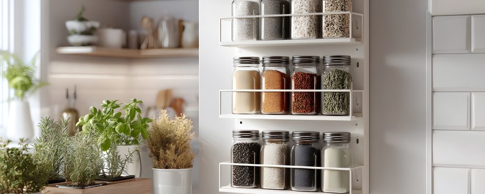 Vertical wall mounted spice rack with neatly organized and labeled glass jars showcasing a minimalist and functional kitchen design