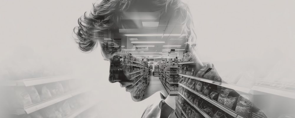 Black and white double exposure portrait of a pensive shopper with a supermarket aisle superimposed over their face, symbolizing consumerism and modern society