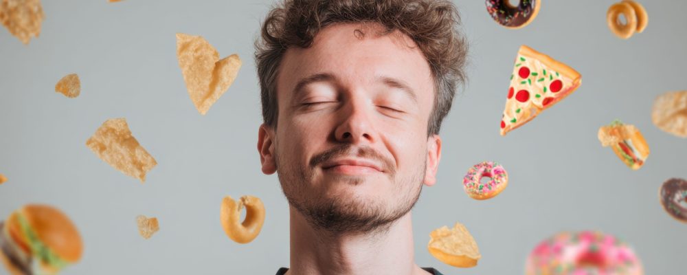 Young caucasian male enjoying junk food with burgers, pizza, donuts, and snacks floating around.