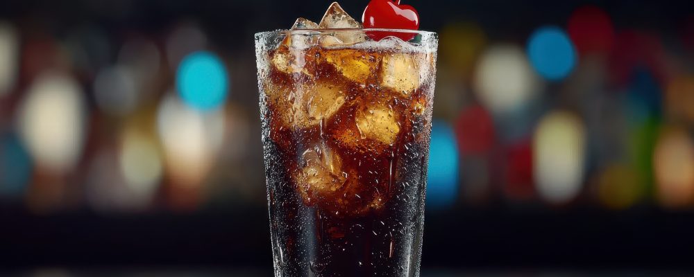 Cola glass with ice and cherry garnish, retro diner feel, 3D illustration , closes up