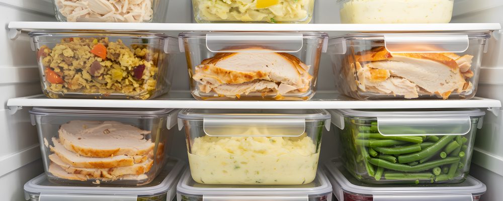 Organized Thanksgiving Leftovers in Fridge with Turkey and Sides