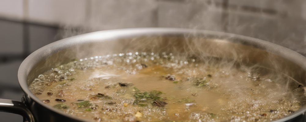 A close up view of a bubbling pot of soup or broth cooking on a stovetop. Steam rises from the hot liquid which contains lentils, spices, and fresh herbs.