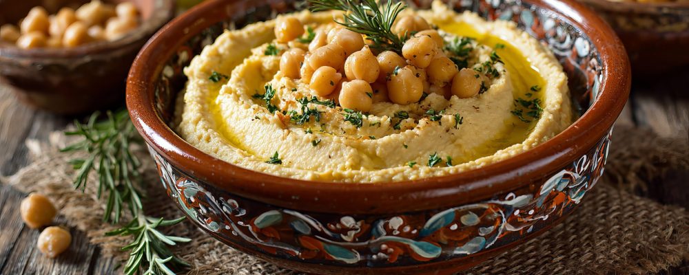 Delicious homemade hummus with chickpeas and olive oil ready to serve in a rustic bowl, perfect for healthy snack or appetizer spreads