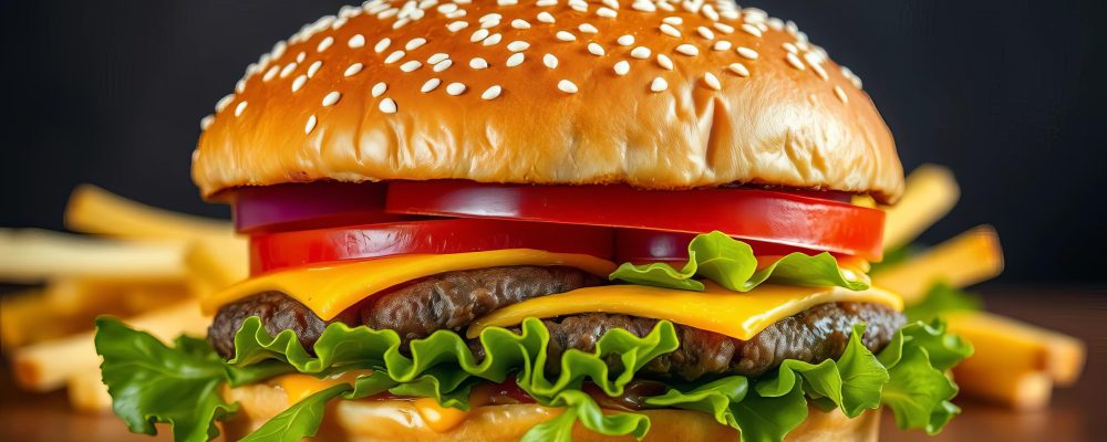 A juicy burger with sesame seed bun, cheese, lettuce, tomato, and onion,  sesame,   vegetarian burger