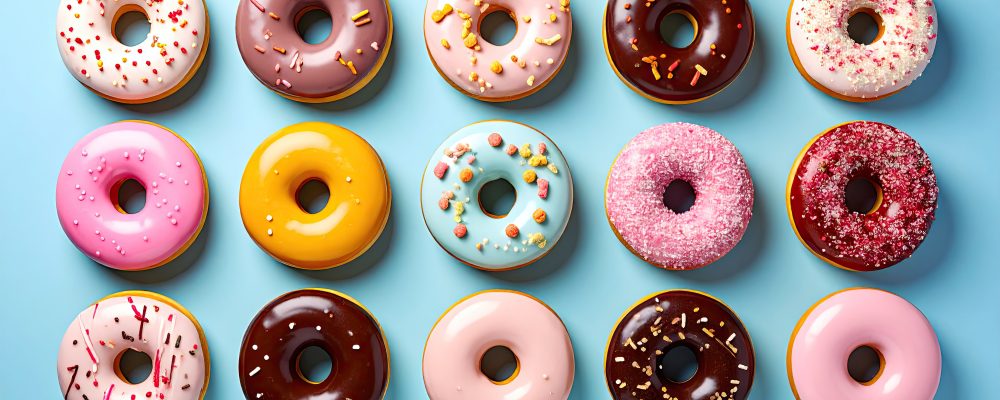 Fifteen colorful donuts line a blue background