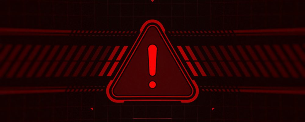 Digital red alert warning sign with exclamation mark in triangle futuristic cyber security background with tech grid and glowing neon lines
