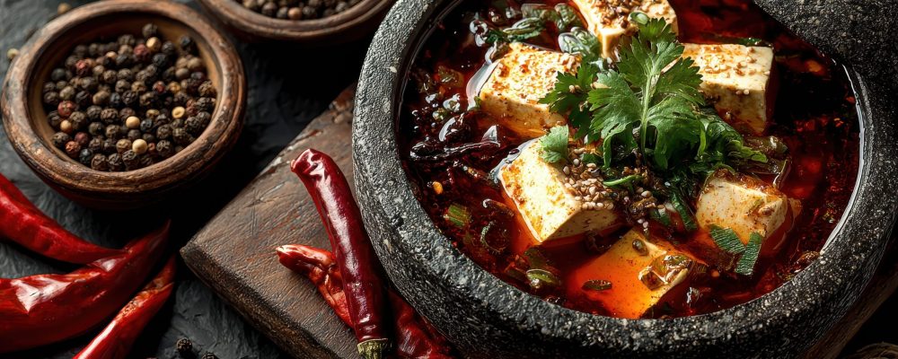 A rustic bowl of mapo tofu, a popular Sichuan dish, sits amongst dried chili peppers and spices, showcasing a blend of authentic and fiery flavors.