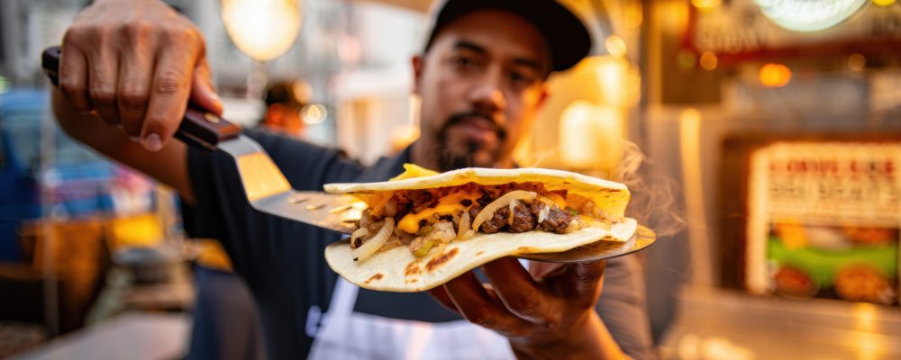 Street vendor presenting hot and juicy smash burger tacos with crispy edges, melted cheese, grilled onions and fresh tortilla straight off the griddle in vibrant food market at golden hour