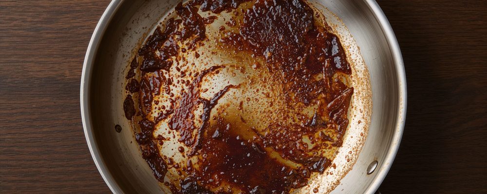 Stainless steel pan with browned fond residue from searing, used for rich sauce preparation.