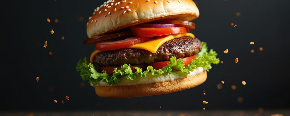 Juicy hamburger with fresh lettuce, tomato, cheese, onion and beef patty suspended mid-air. Delicious fast food item drifts against dark backdrop with scattered crumbs.