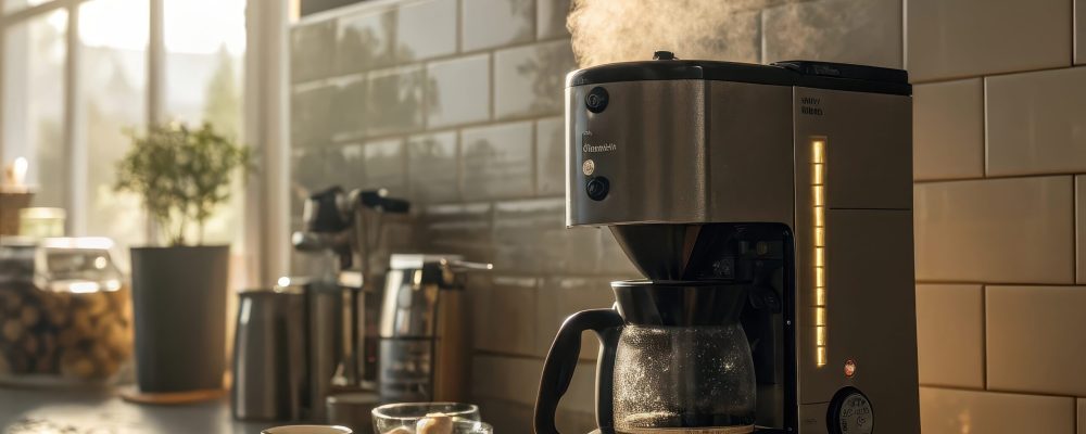 Coffee maker brewing coffee in a bright kitchen setting