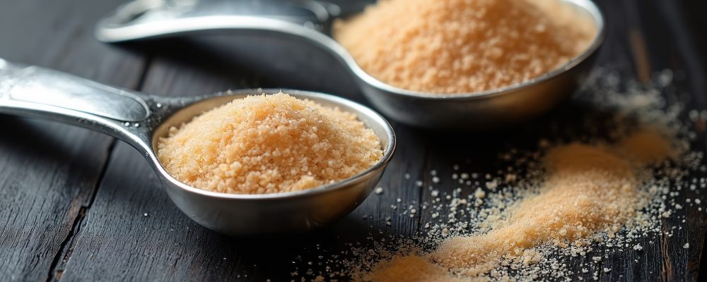 Granulated sugar fills two metal measuring spoons on dark wood. Sweet crystals scatter on table surface. Baking ingredient prep for, desserts and pastries.