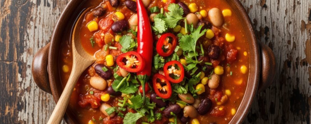 Close-up of a rustic bowl of vibrant chili with mixed beans, corn, fresh herbs, and red peppers