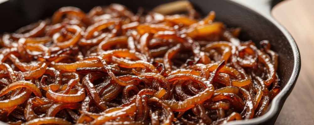 View of deeply caramelized onion rings, exhibiting a rich, dark brown, glossy appearance, filling a heavy, black cast iron frying pan resting on a wooden surface.