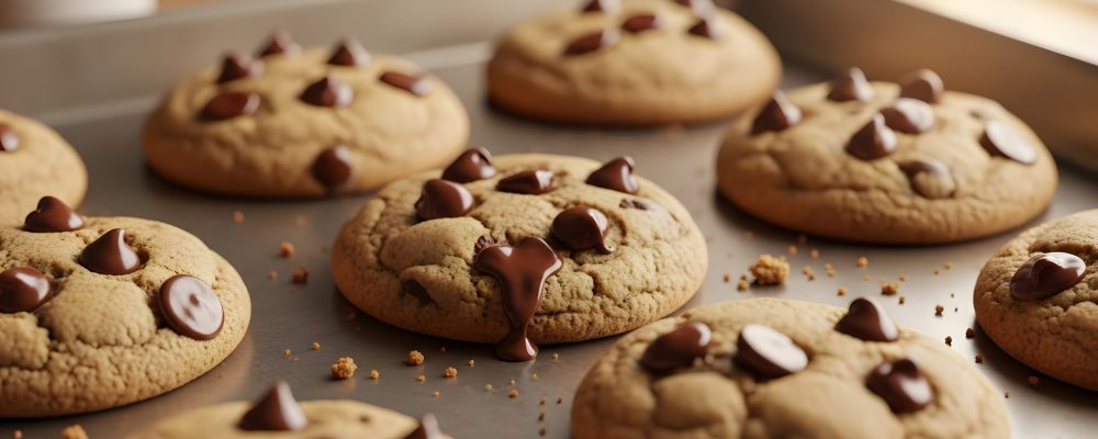 Freshly baked chocolate chip cookies on a baking tray viewed from a close-up angle on a kitchen counter