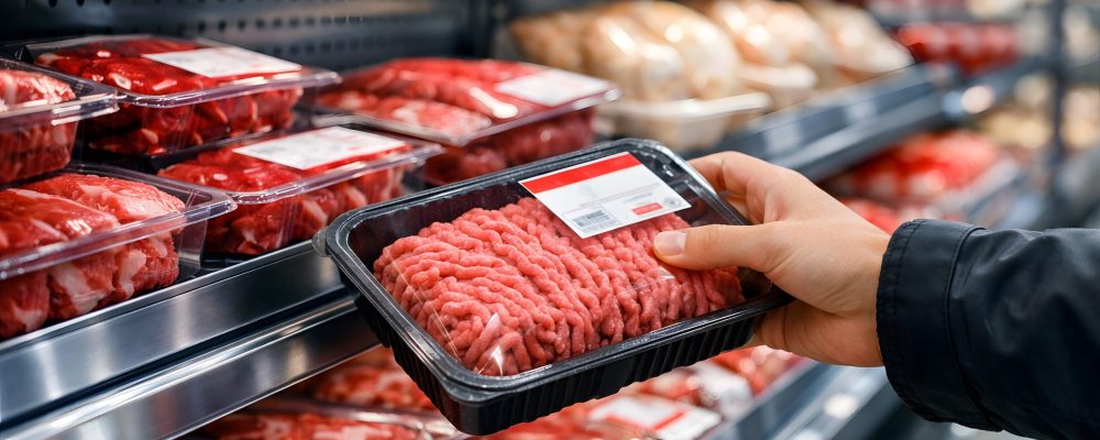 A person selects a package of ground beef from a shelf filled with various types of meat in a grocery store during the afternoon. Many packages are organized neatly