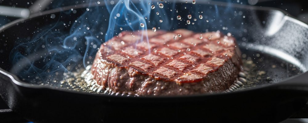 Beef burger patty frying in hot cast iron skillet with smoke and sizzling oil splatter